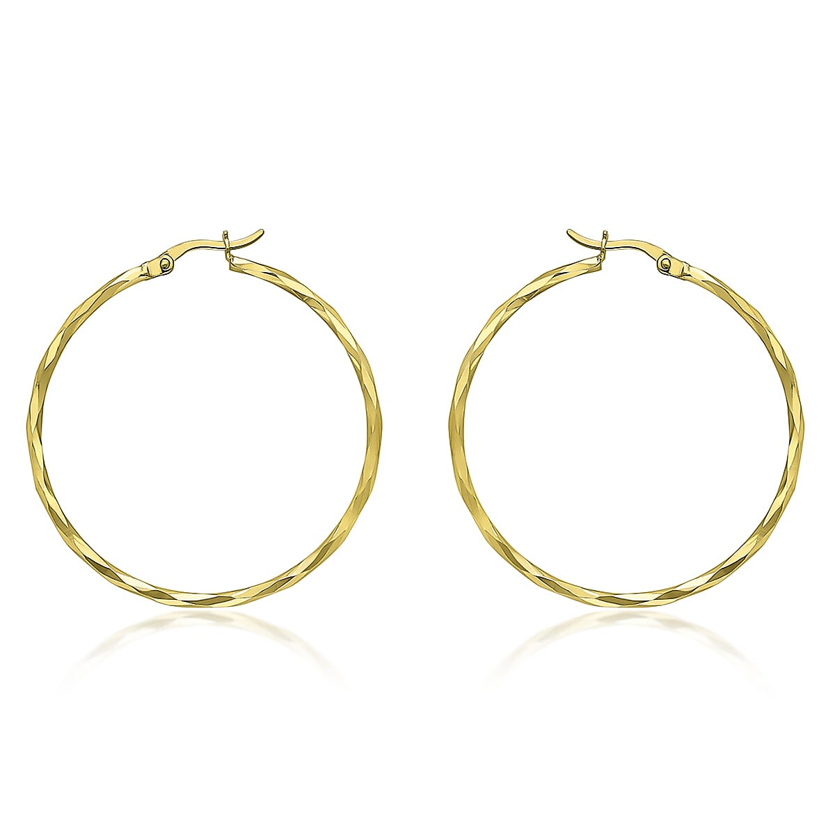 9K Yellow Gold 1.5mm Tube 38mm Diamond Cut Faceted Hoop Creole Earrings