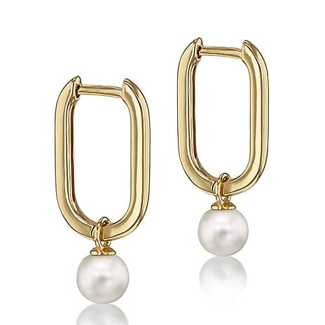 9K Rectangle Drop Hoop Pearl Earrings