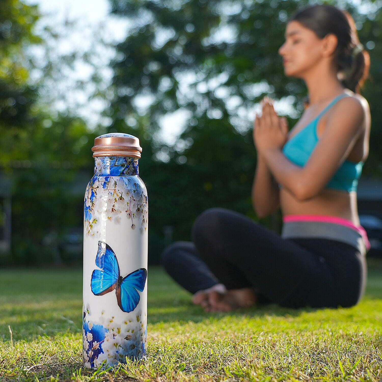 Butterfly Print 100% Leak Proof Copper Bottle 900ml - Blue