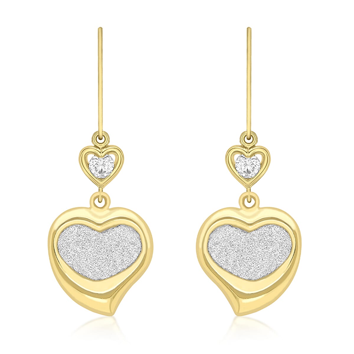 9K Yellow Gold 3mm Combodian Zircon 13mm X 38.5mm Stardust Double Heart Earrings
