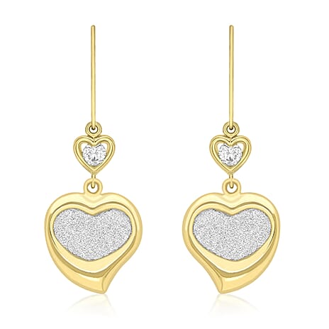 9K Yellow Gold 3mm Combodian Zircon 13mm X 38.5mm Stardust Double Heart Earrings