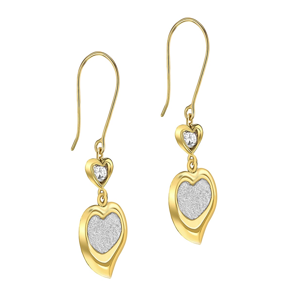 9K Yellow Gold 3mm Combodian Zircon 13mm X 38.5mm Stardust Double Heart Earrings