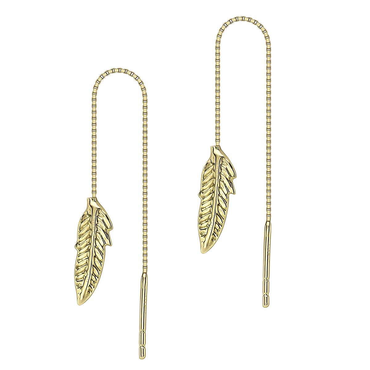 9K Yellow Gold 4mm X 60mm Leaf Pull Through Chain Earrings