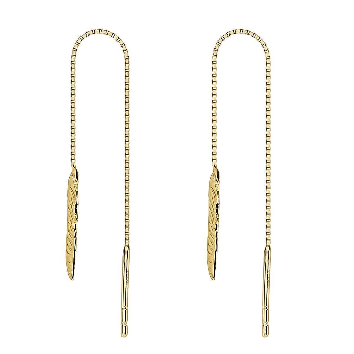 9K Yellow Gold 4mm X 60mm Leaf Pull Through Chain Earrings