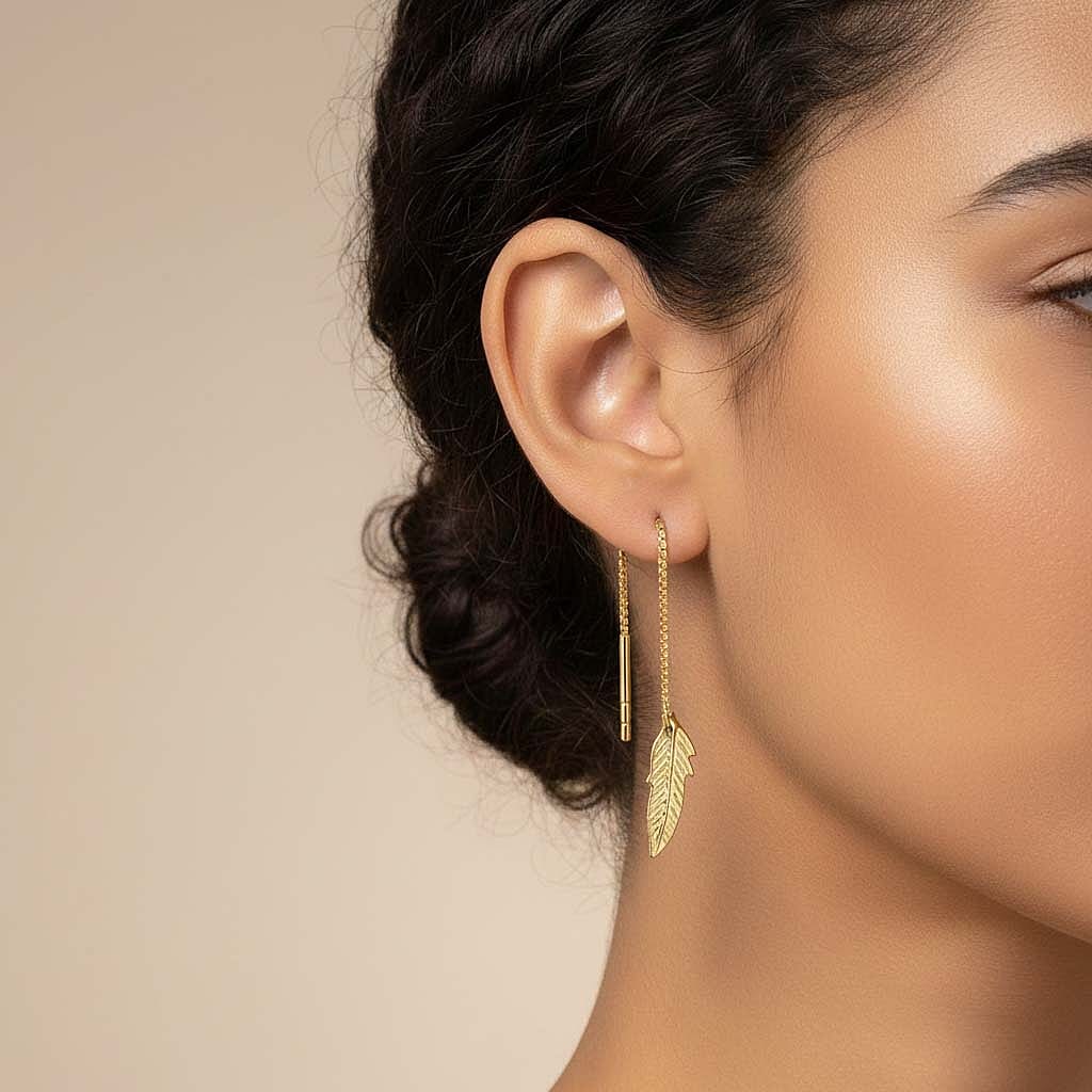 9K Yellow Gold 4mm X 60mm Leaf Pull Through Chain Earrings