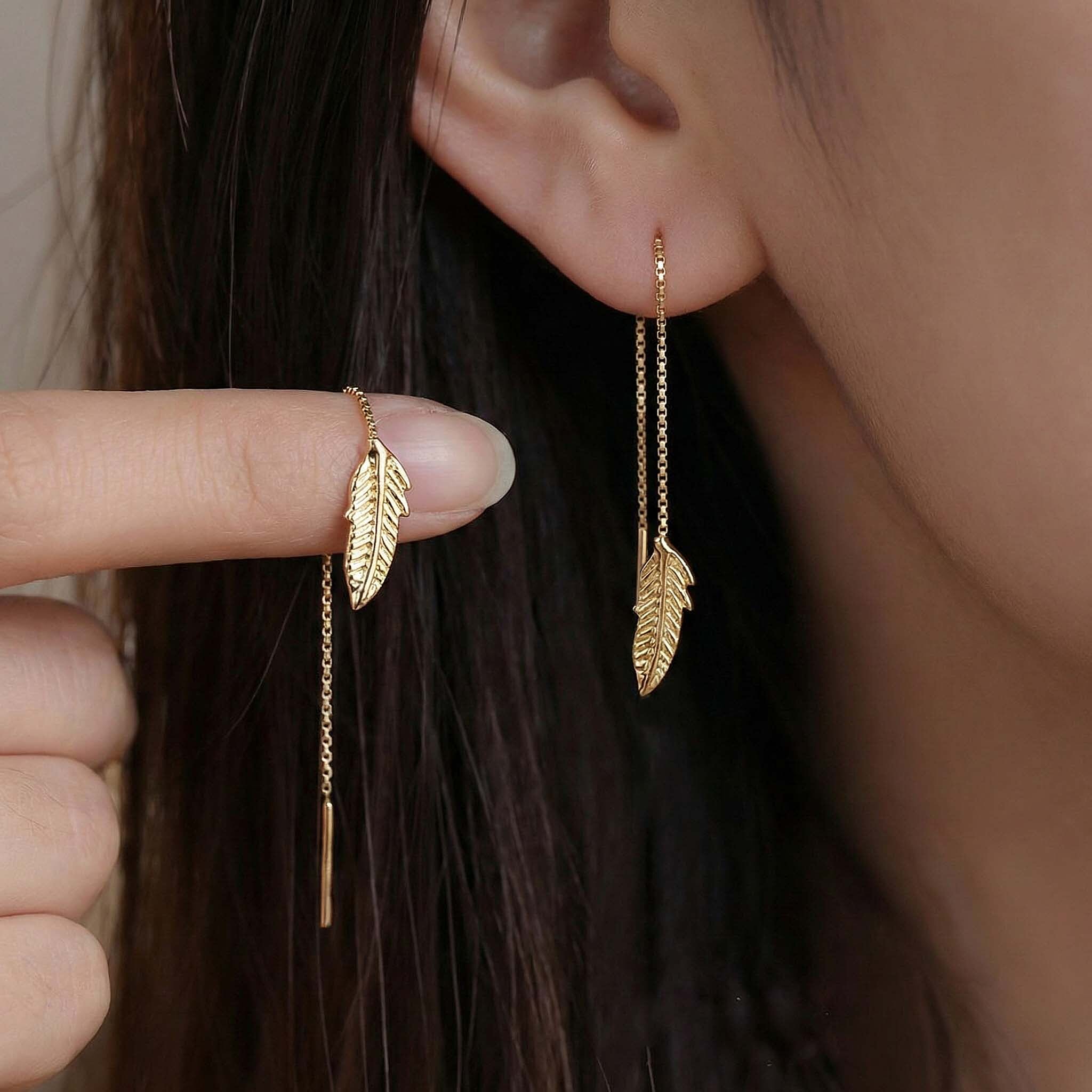 9K Yellow Gold 4mm X 60mm Leaf Pull Through Chain Earrings