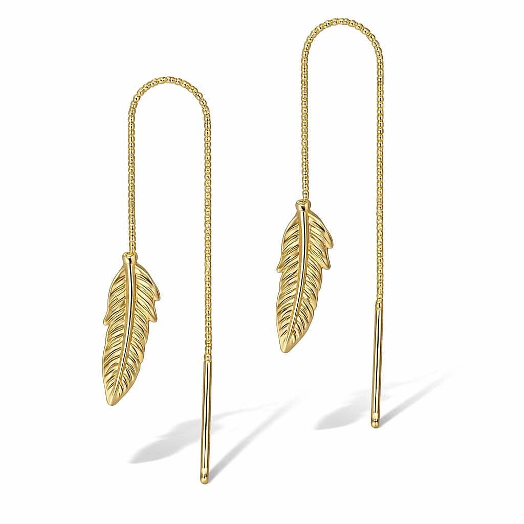 9K Yellow Gold 4mm X 60mm Leaf Pull Through Chain Earrings