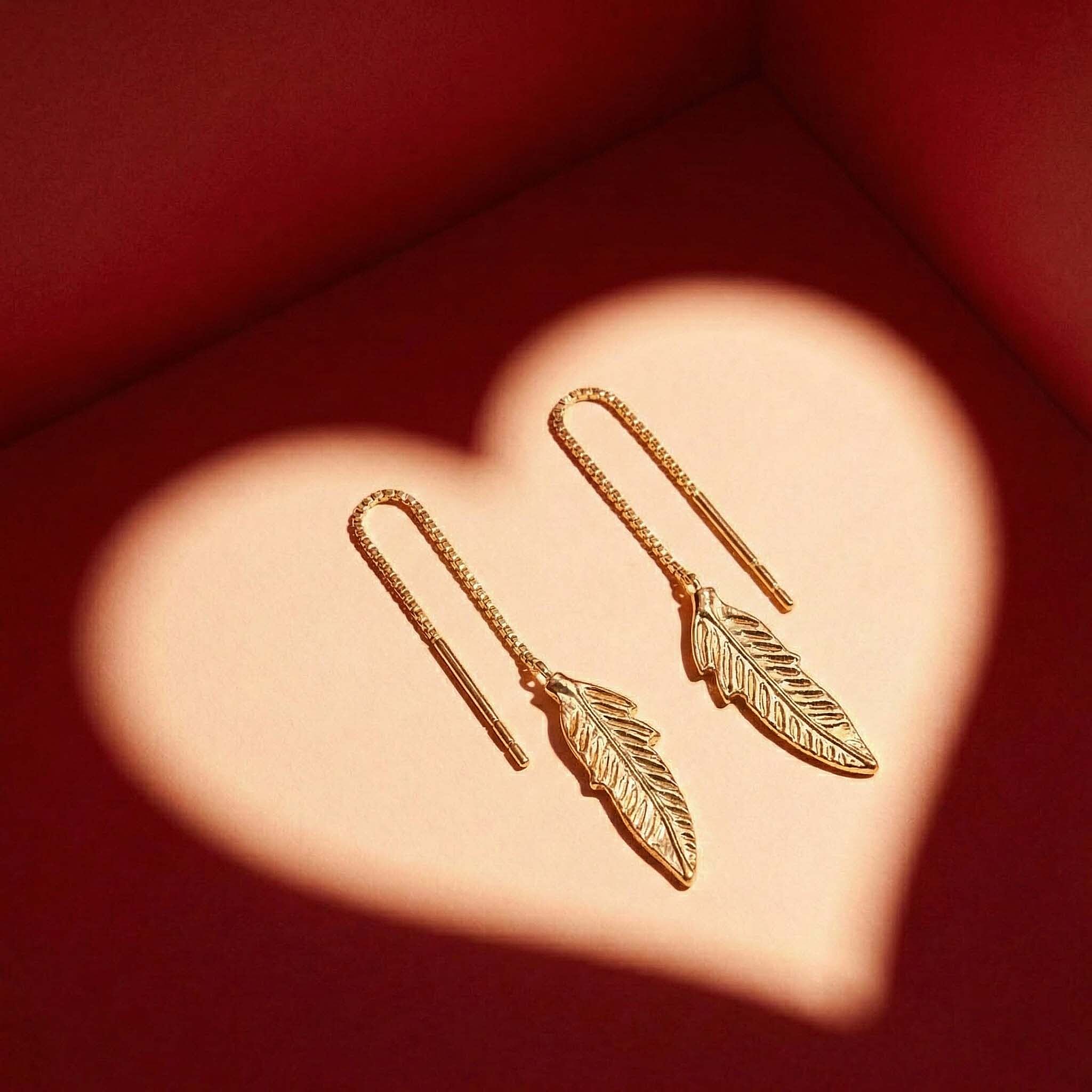 9K Yellow Gold 4mm X 60mm Leaf Pull Through Chain Earrings