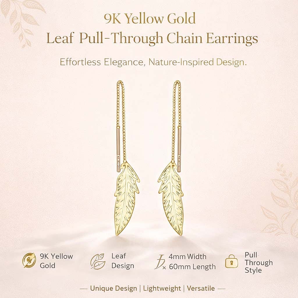 9K Yellow Gold 4mm X 60mm Leaf Pull Through Chain Earrings