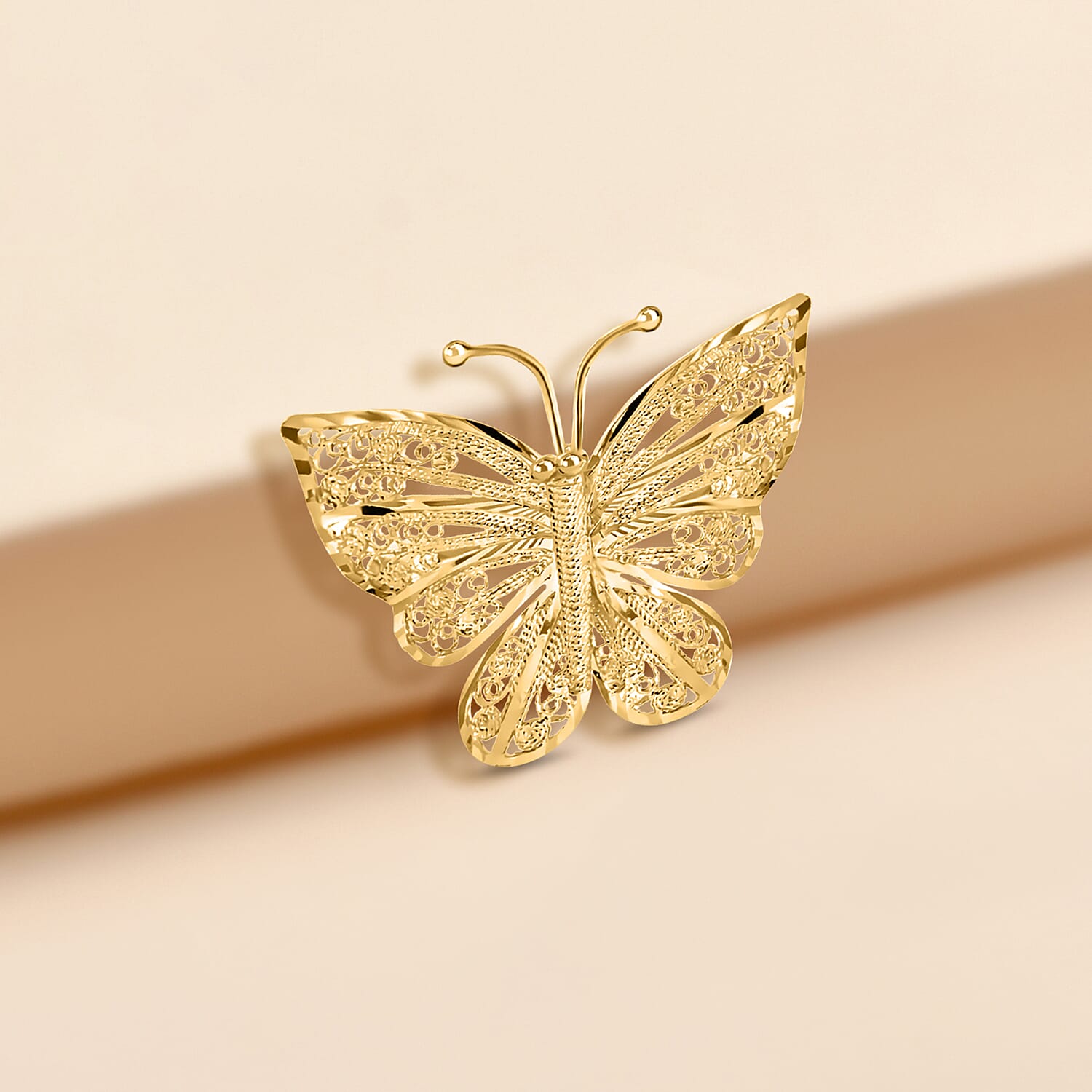 9K Yellow Gold 35mm X 29mm Filigree Butterfly Brooch