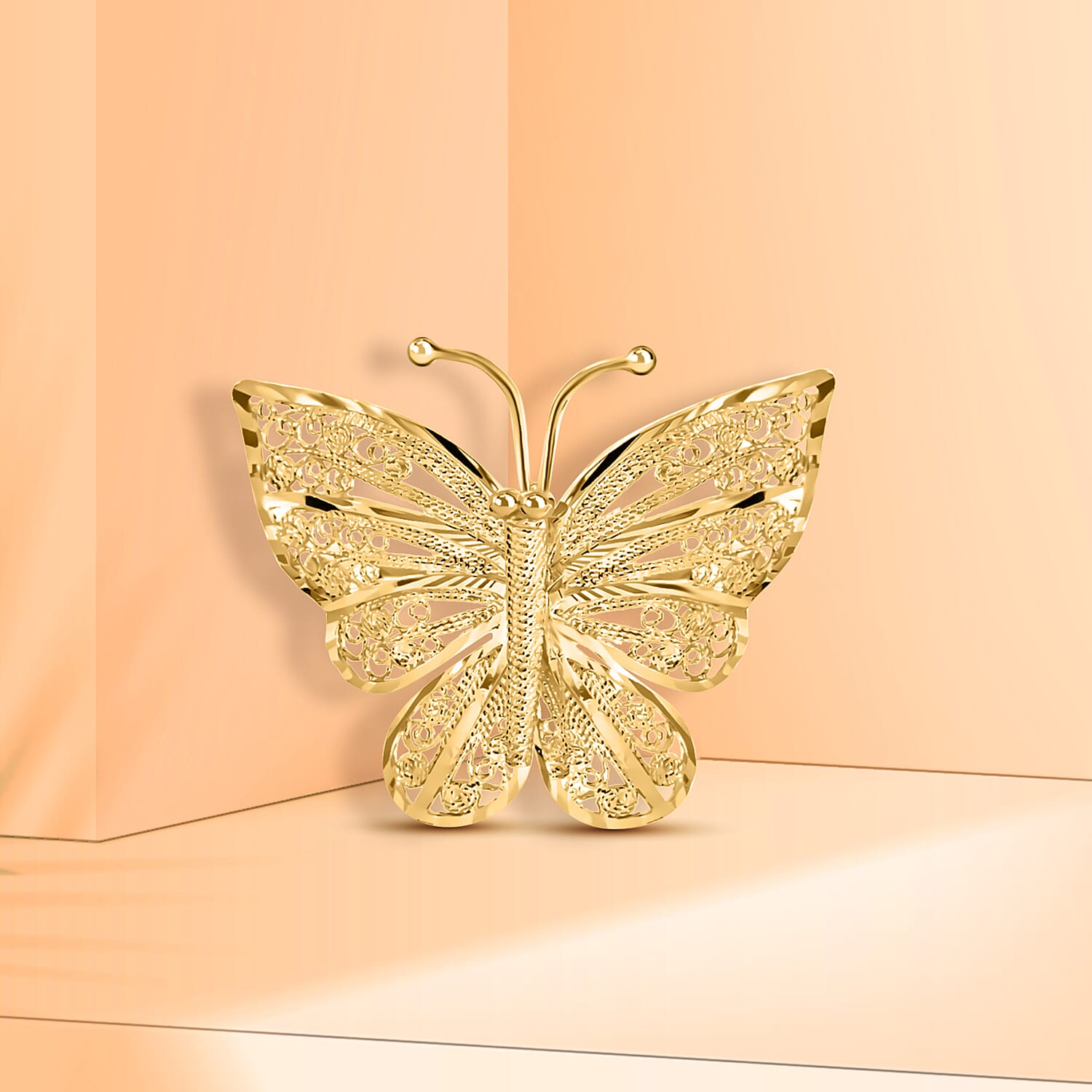 9K Yellow Gold 35mm X 29mm Filigree Butterfly Brooch