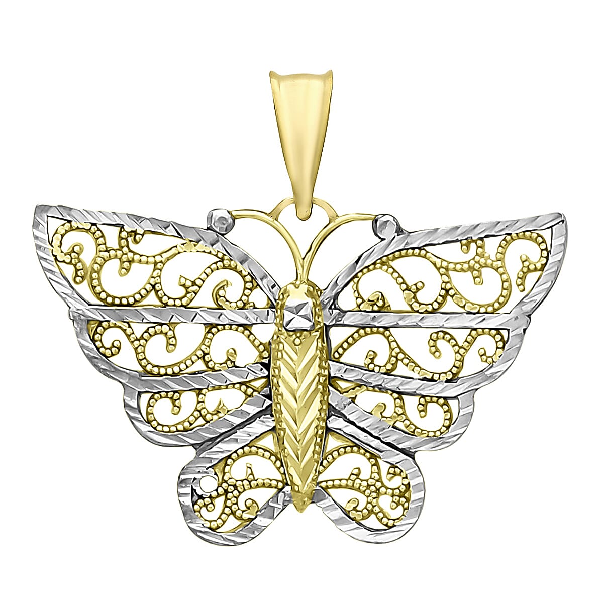 9K Two Colour Gold 21.6mm X 19mm Diamond Cut Filigree Butterfly Pendant