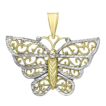 9K Two Colour Gold 21.6mm X 19mm Diamond Cut Filigree Butterfly Pendant