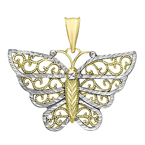 9K Two Colour Gold 21.6mm X 19mm Diamond Cut Filigree Butterfly Pendant