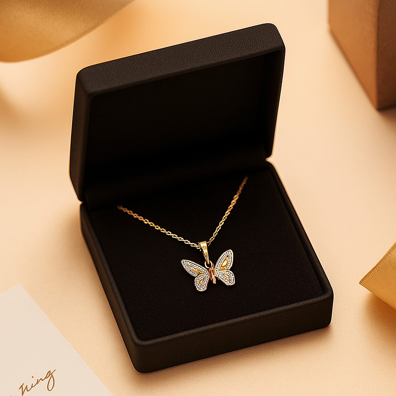 9K Three Colour Gold 22mm x 17mm Patterned Butterfly Pendant