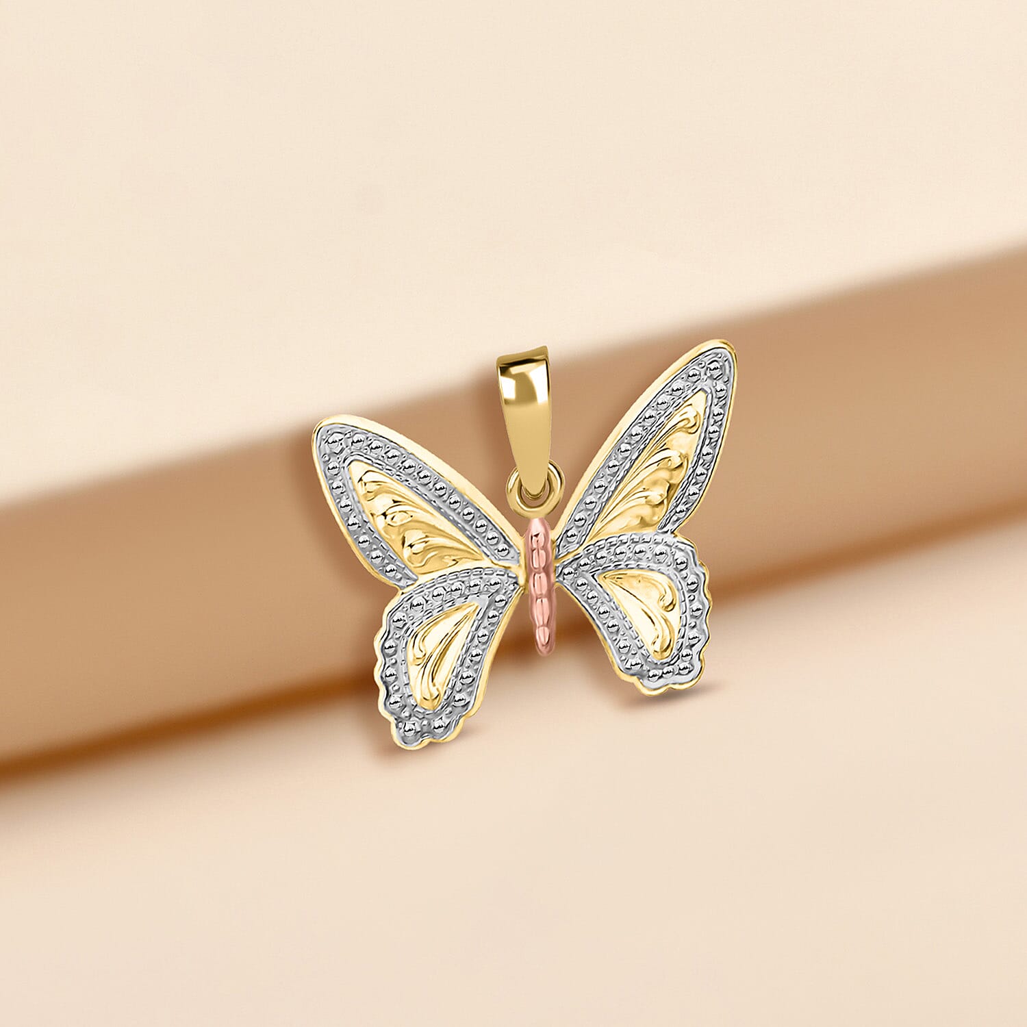9K Three Colour Gold 22mm x 17mm Patterned Butterfly Pendant