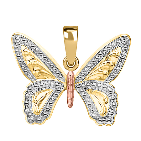9K Three Colour Gold 22mm X 17mm Patterned Butterfly Pendant