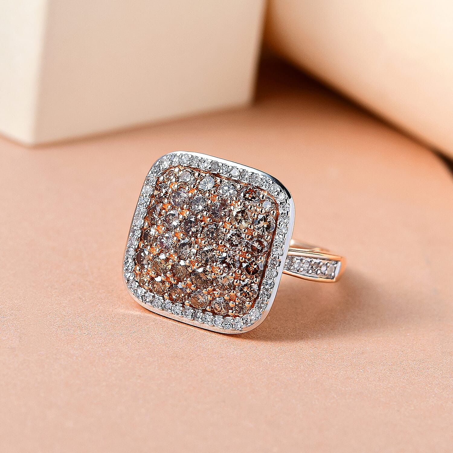 9K Rose Gold Champagne Diamond and White Diamond Cluster Ring 1.50 Ct.