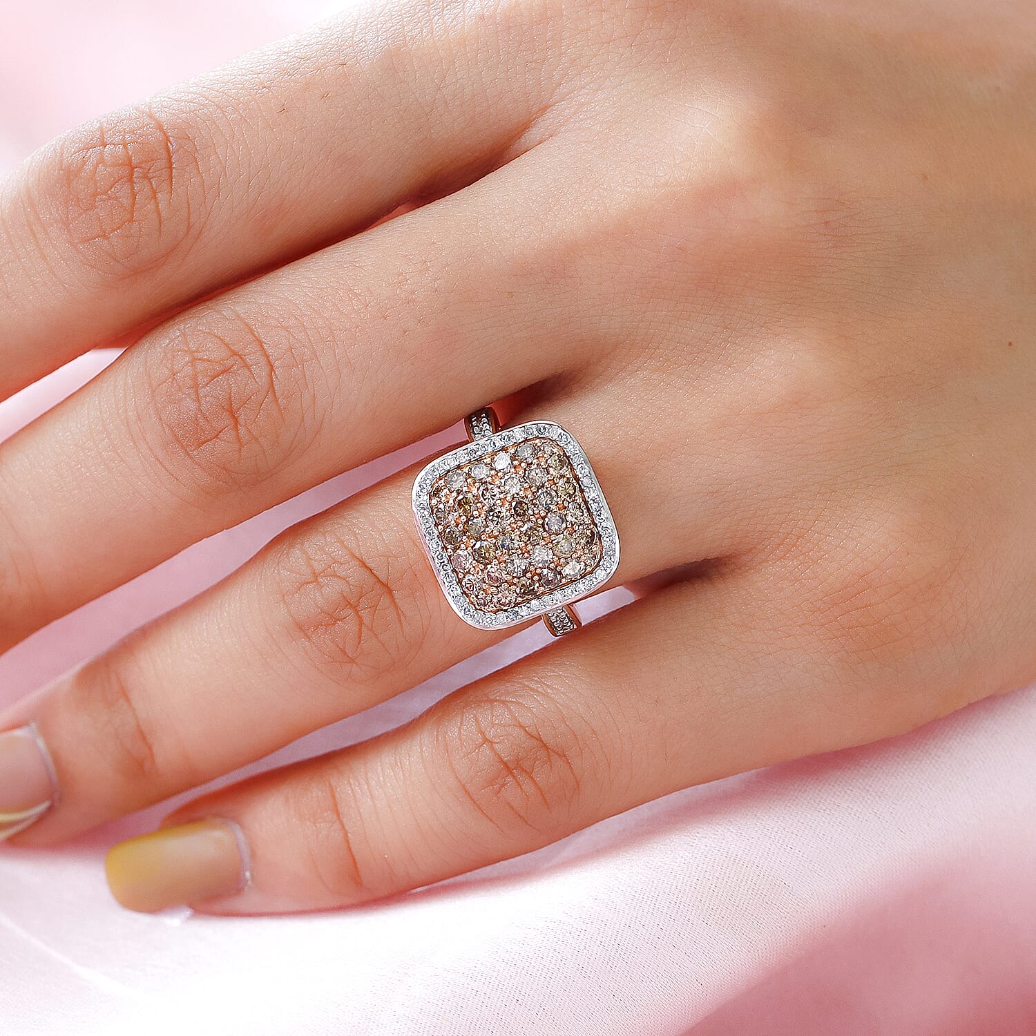 9K Rose Gold Champagne Diamond and White Diamond Cluster Ring 1.50 Ct.