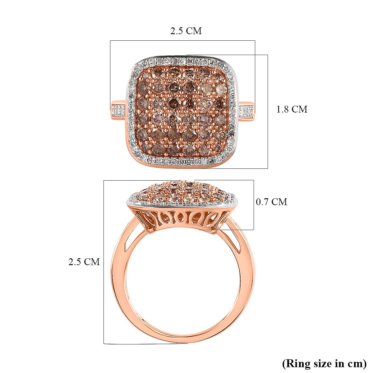 9K Rose Gold Champagne Diamond and White Diamond Cluster Ring 1.50 Ct.
