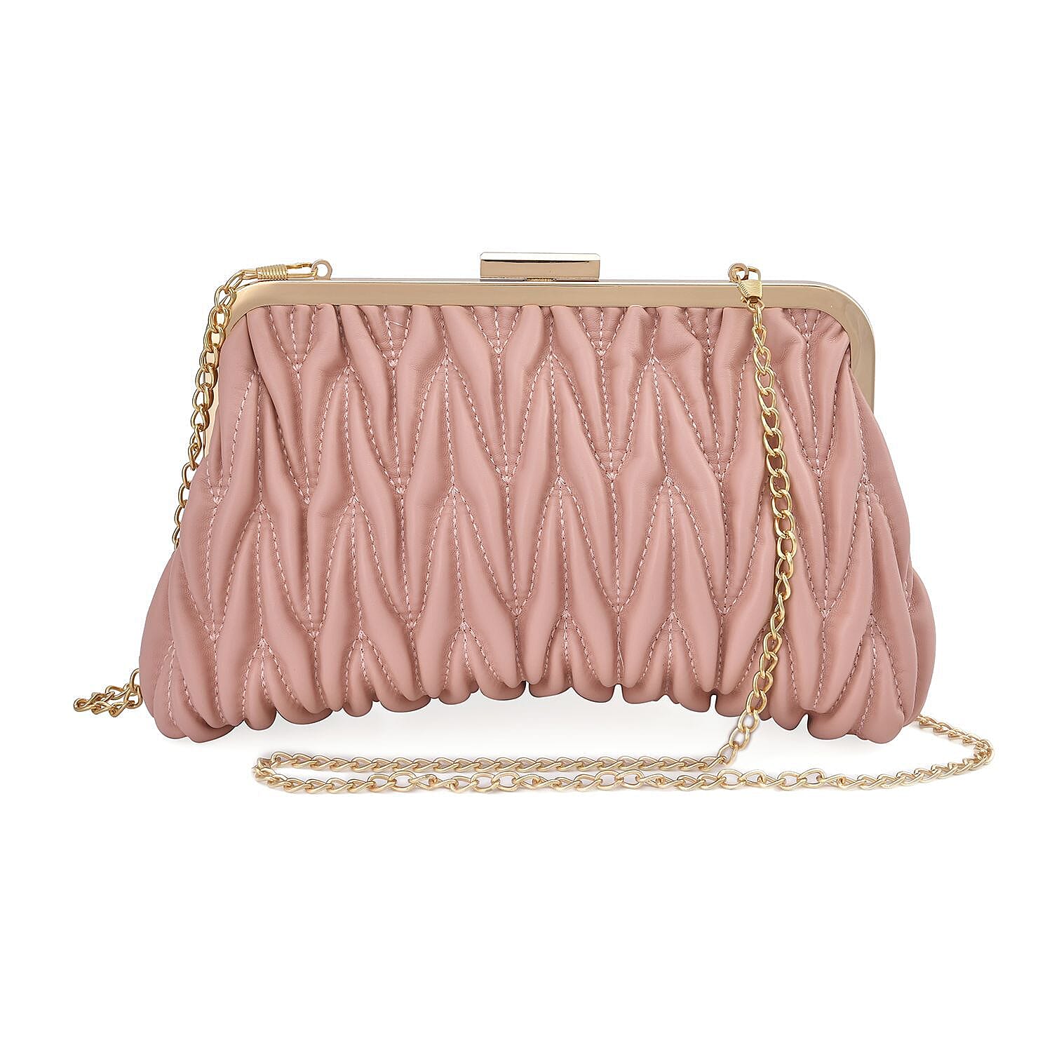 Quilted Patterned Clutch Bag with Shoulder Strap Nude 7154866