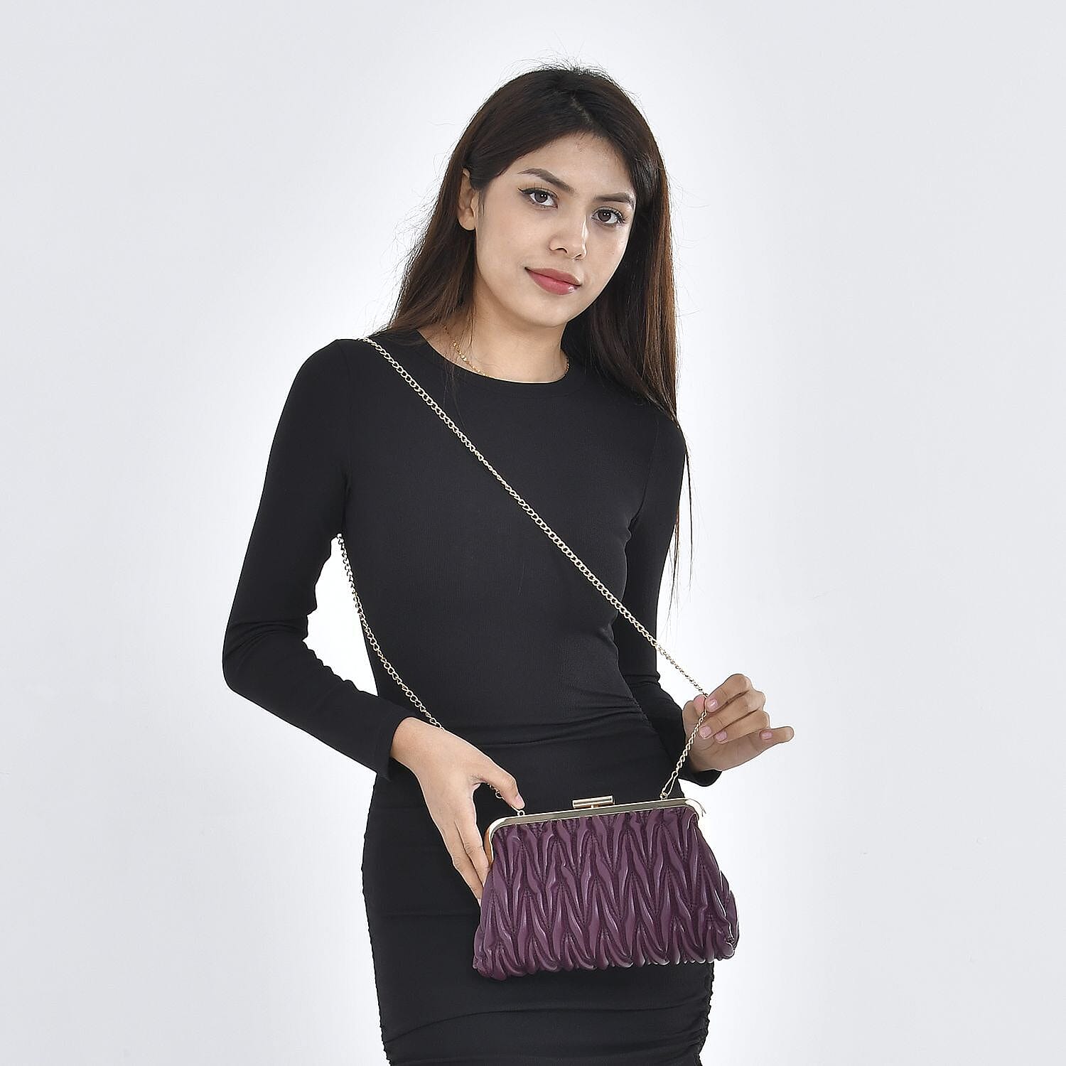 Quilted Patterned Clutch Bag with Shoulder Strap (Size 23x15 cm) - Maroon