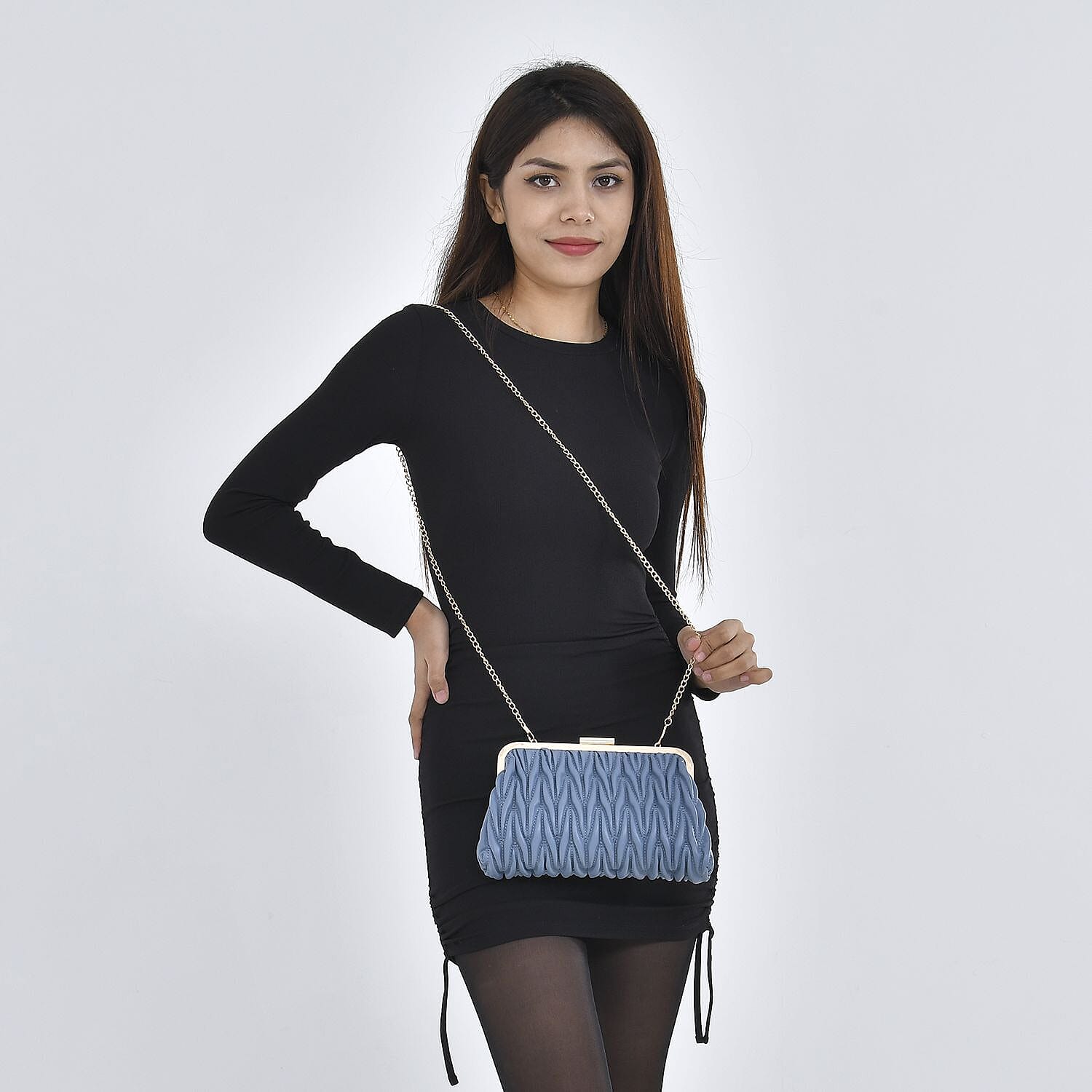 Quilted Patterned Clutch Bag with Shoulder Strap (Size 23x15 cm) - Blue