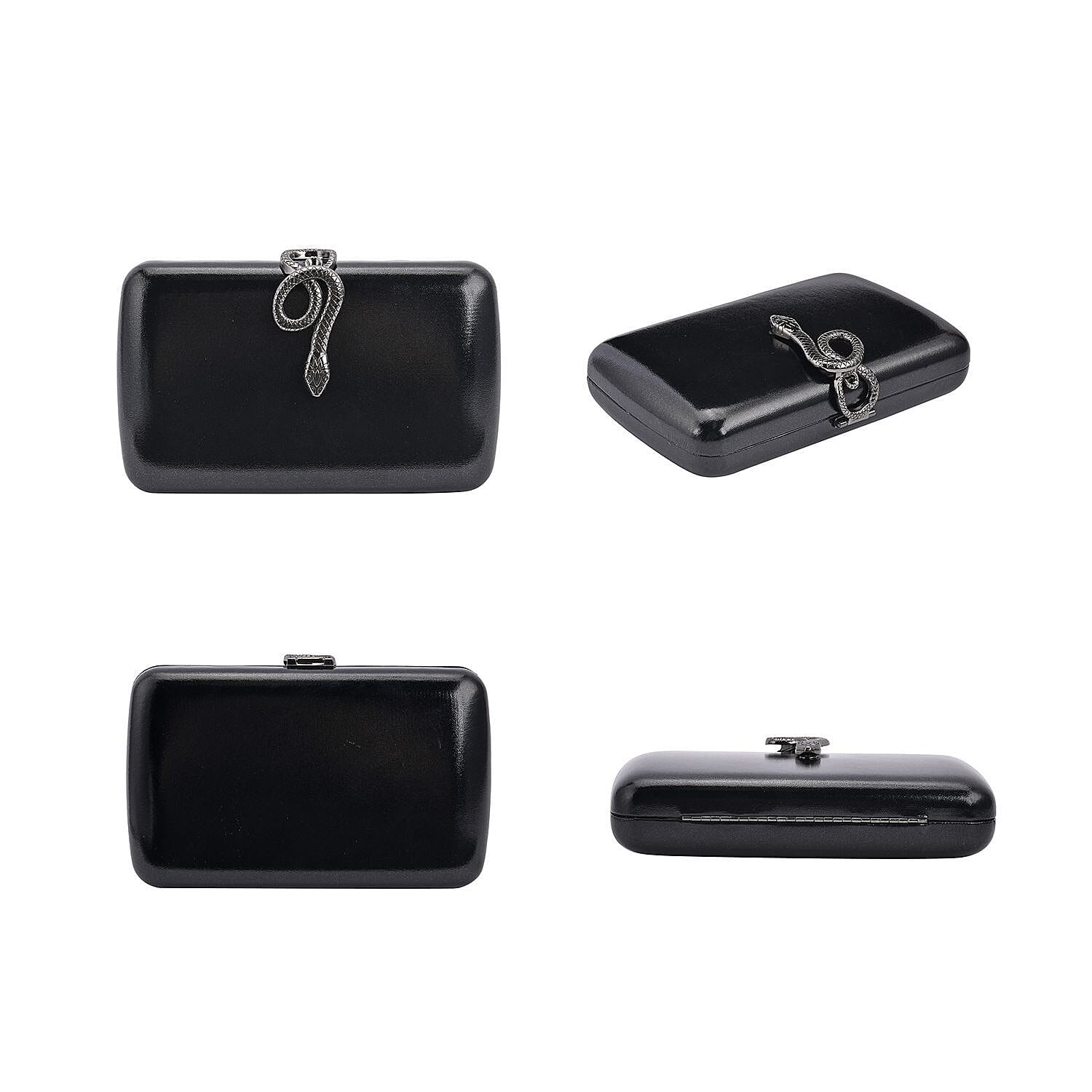 Metallic Finish Clutch with Snake Buckle Clasp - Black