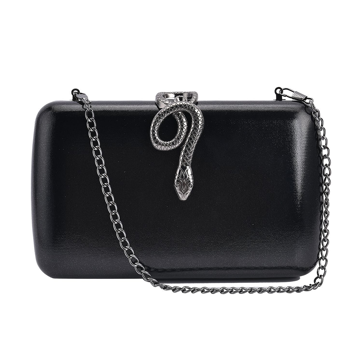 Metallic Finish Clutch with Snake Buckle Clasp - Black