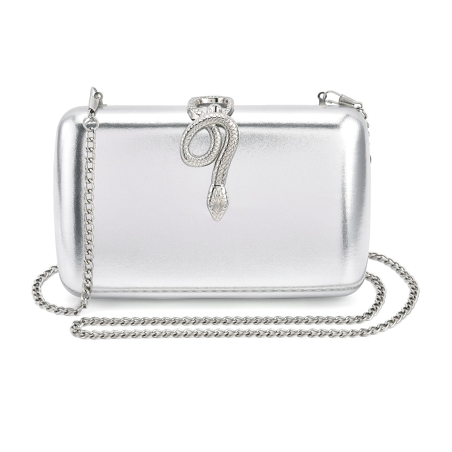 Metallic Finish Clutch with Snake Buckle Clasp (Size 19x12 Cm) - Silver