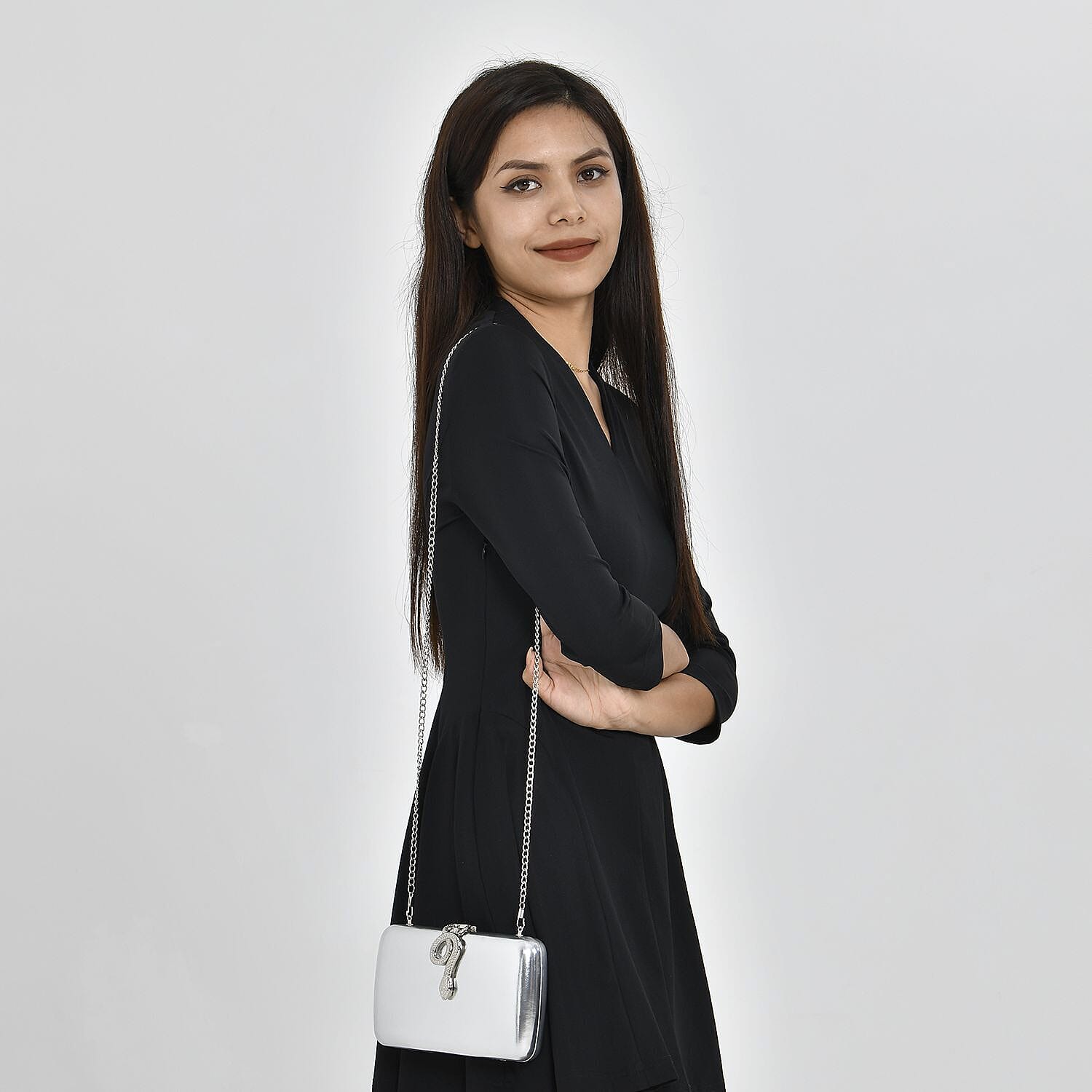 Metallic Finish Clutch with Snake Buckle Clasp (Size 19x12 Cm) - Silver