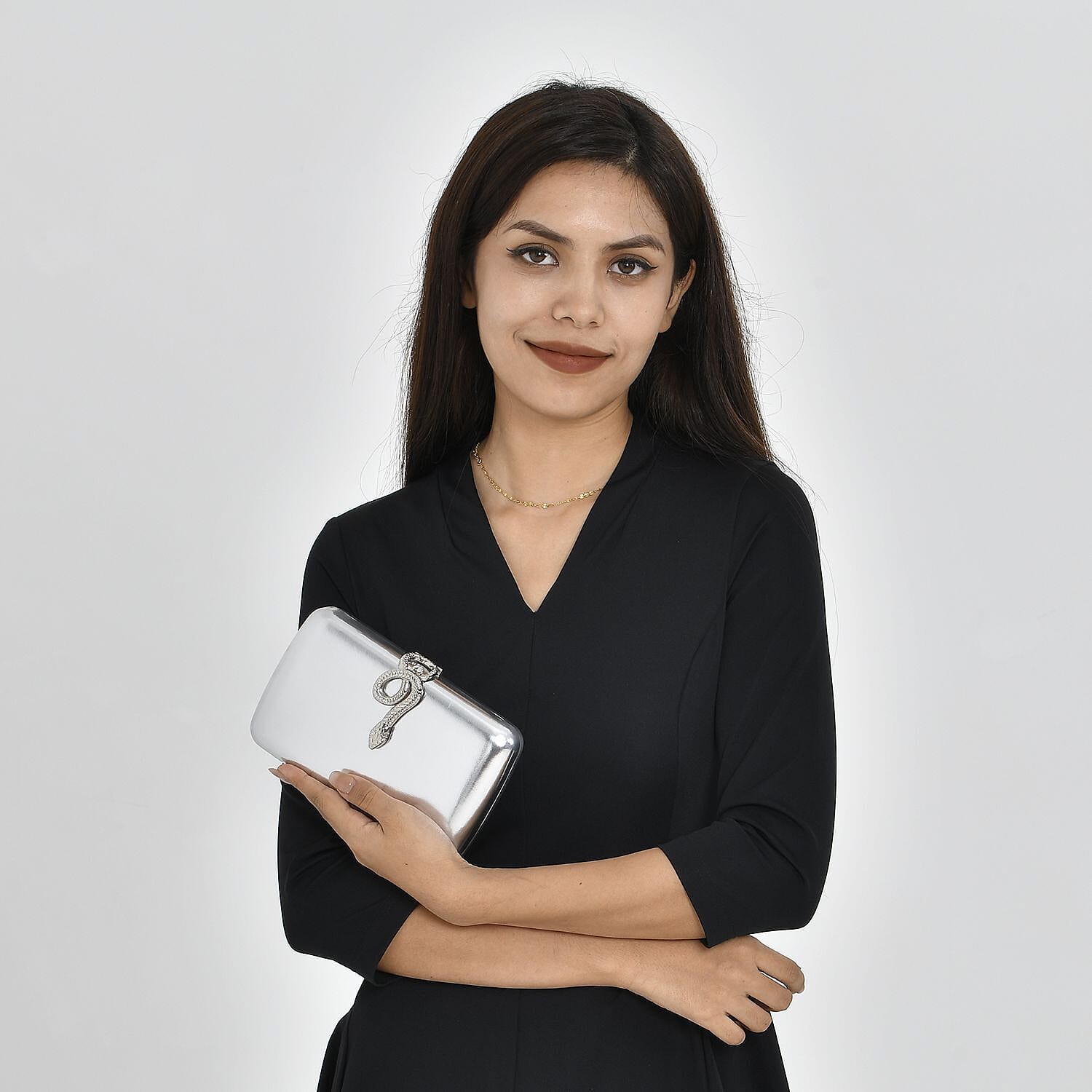 Metallic Finish Clutch with Snake Buckle Clasp (Size 19x12 Cm) - Silver