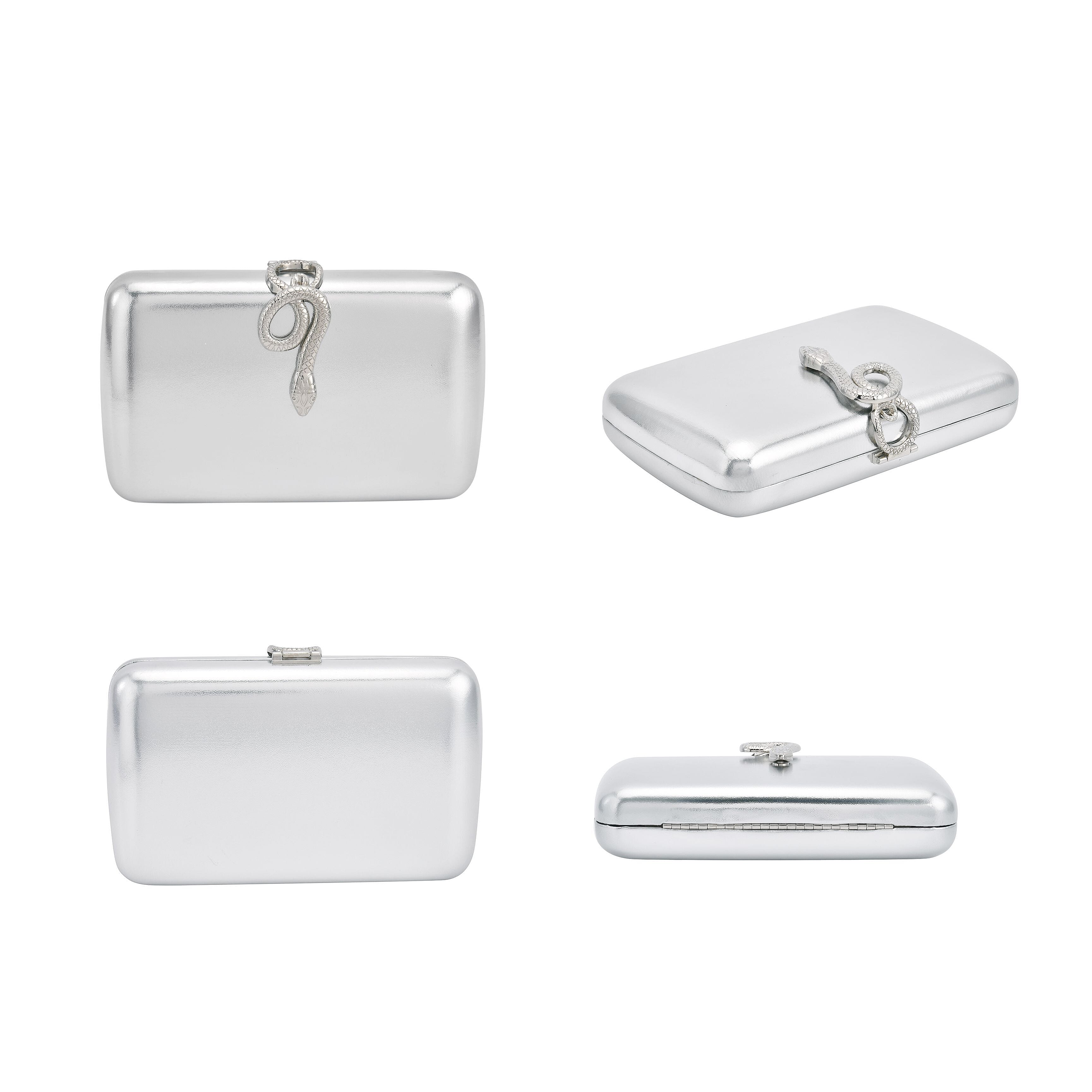 Metallic Finish Clutch with Snake Buckle Clasp (Size 19x12 Cm) - Silver