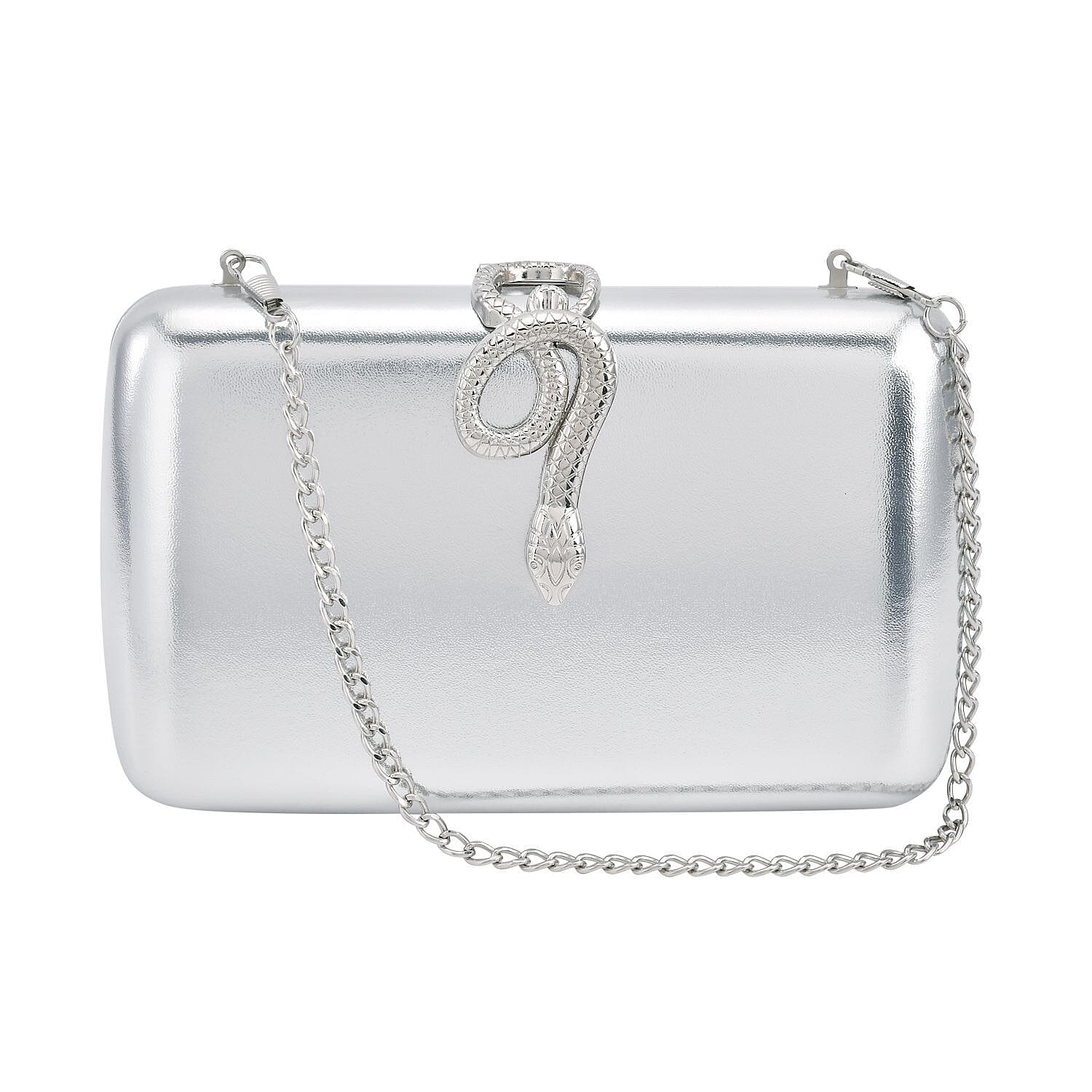 Metallic Finish Clutch with Snake Buckle Clasp (Size 19x12 Cm) - Silver