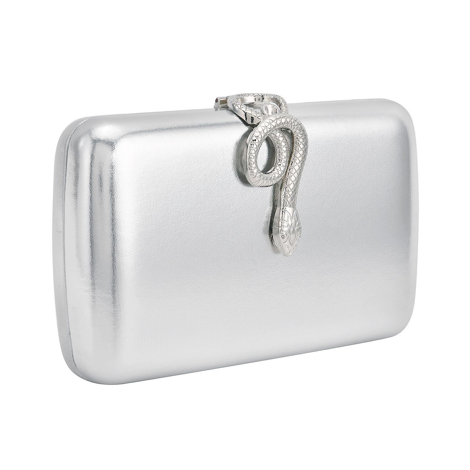 Metallic Finish Clutch with Snake Buckle Clasp (Size 19x12 Cm) - Silver