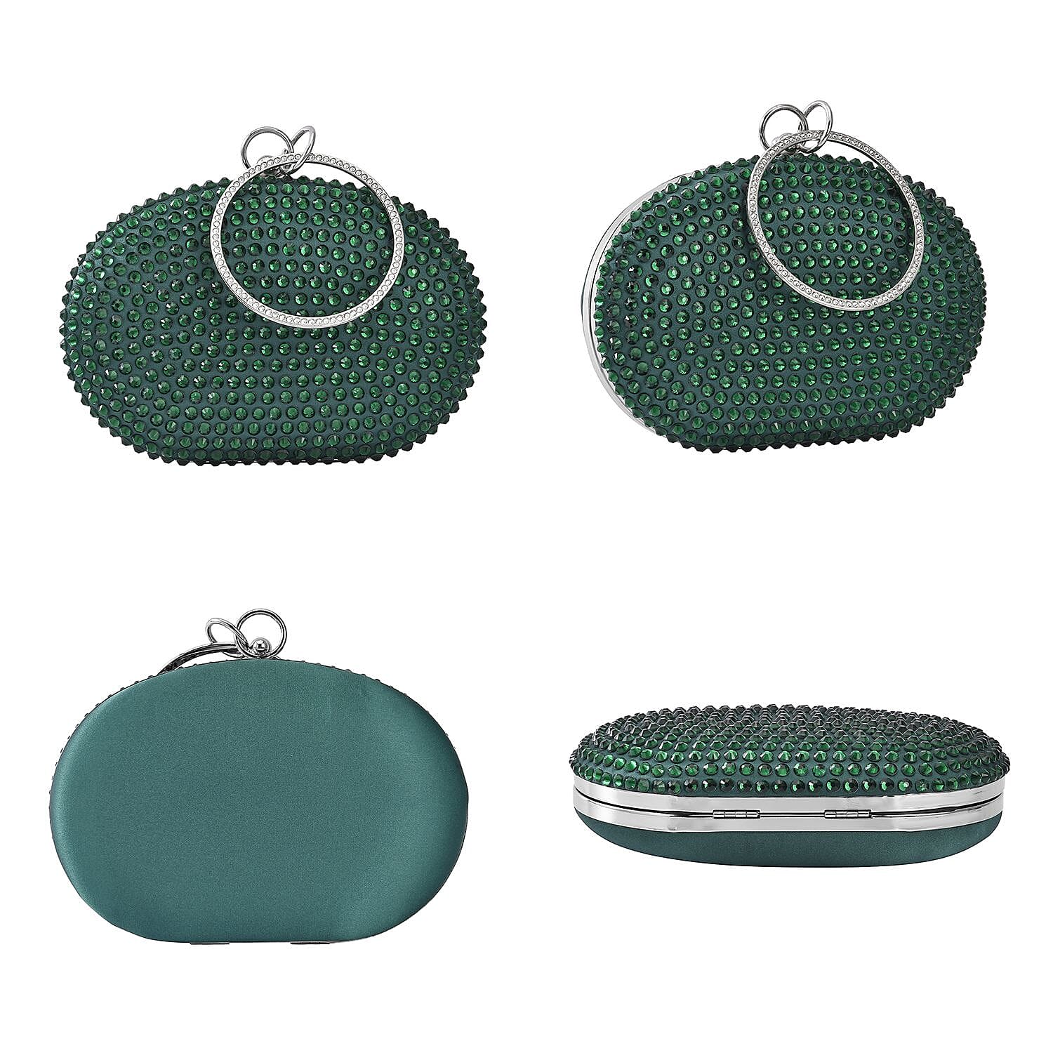 Small Elegant Crystal Studded Wristlet Clutch (Size 20x13 Cm) - Dark Green