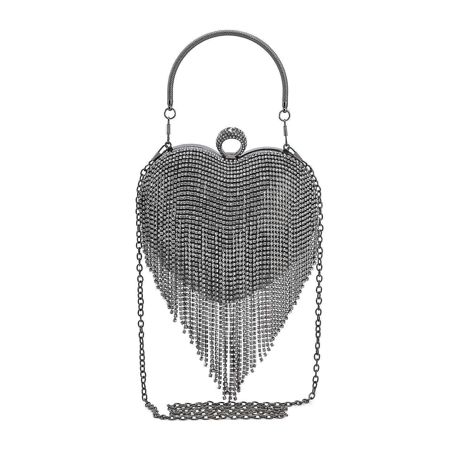 Sheeny Heart Shape Tassel Evening Clutch Bag (Size 15x16 Cm) - Black