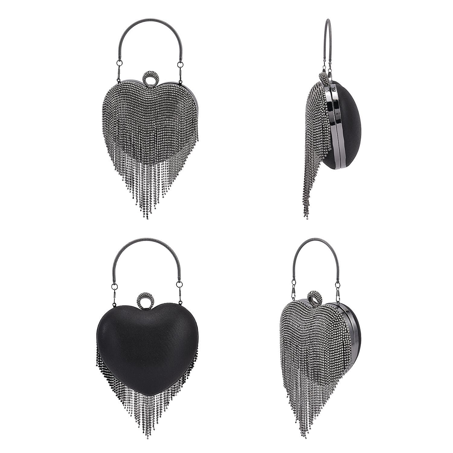 Sheeny Heart Shape Tassel Evening Clutch Bag (Size 15x16 Cm) - Black