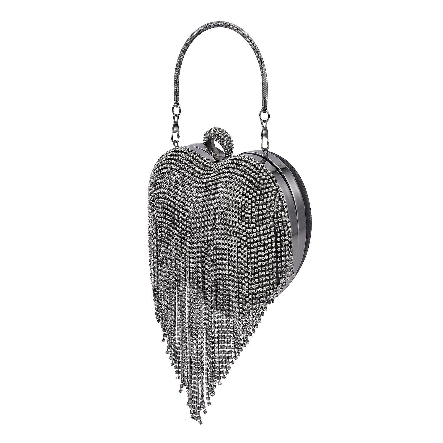 Sheeny Heart Shape Tassel Evening Clutch Bag (Size 15x16 Cm) - Black