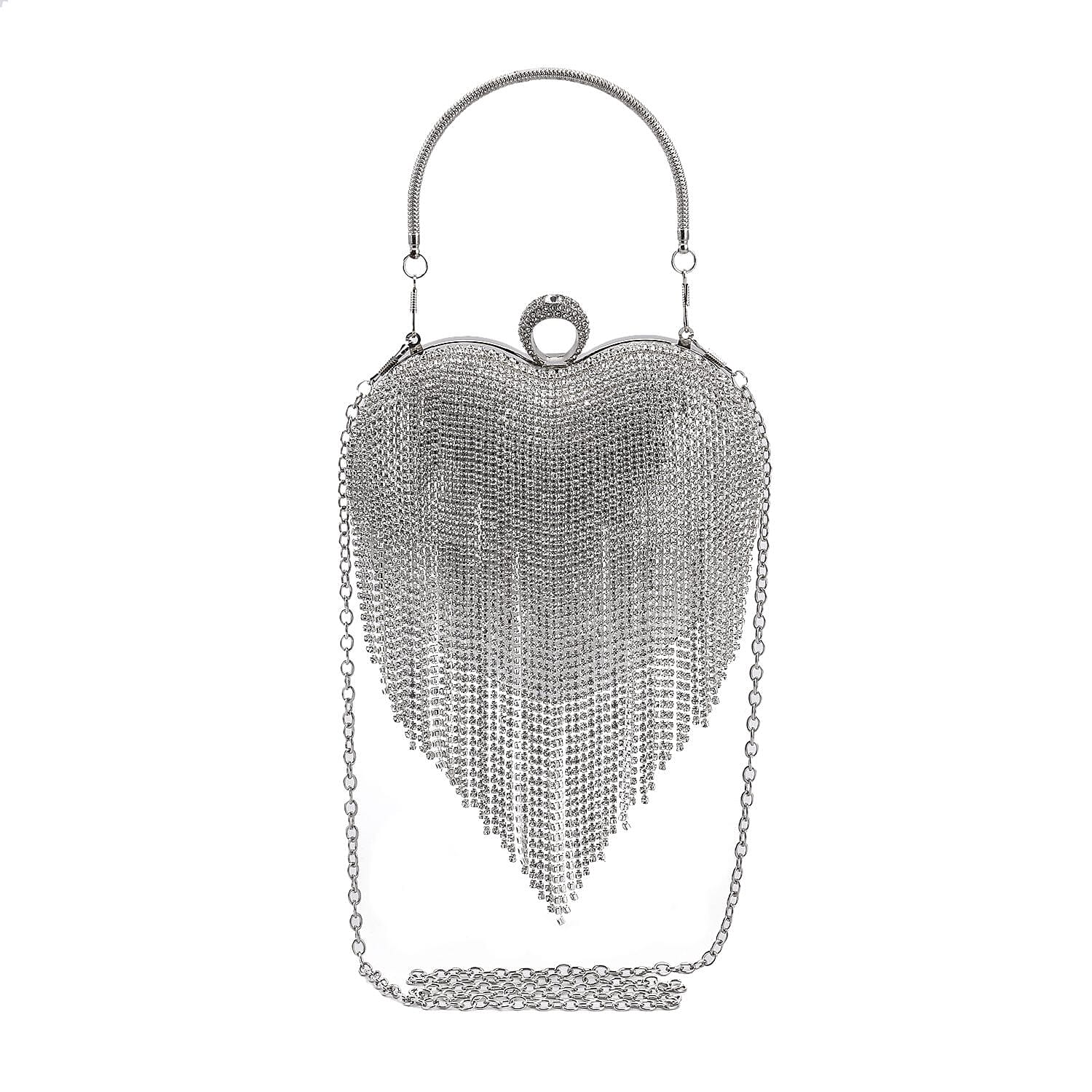 Sheeny Heart Shape Tassel Evening Clutch Bag (Size 15x16 Cm) - Silver