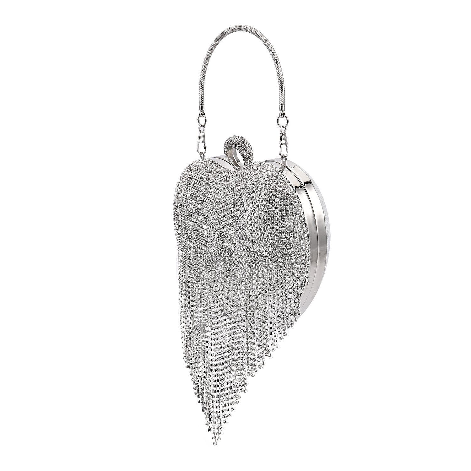 Sheeny Heart Shape Tassel Evening Clutch Bag (Size 15x16 Cm) - Silver