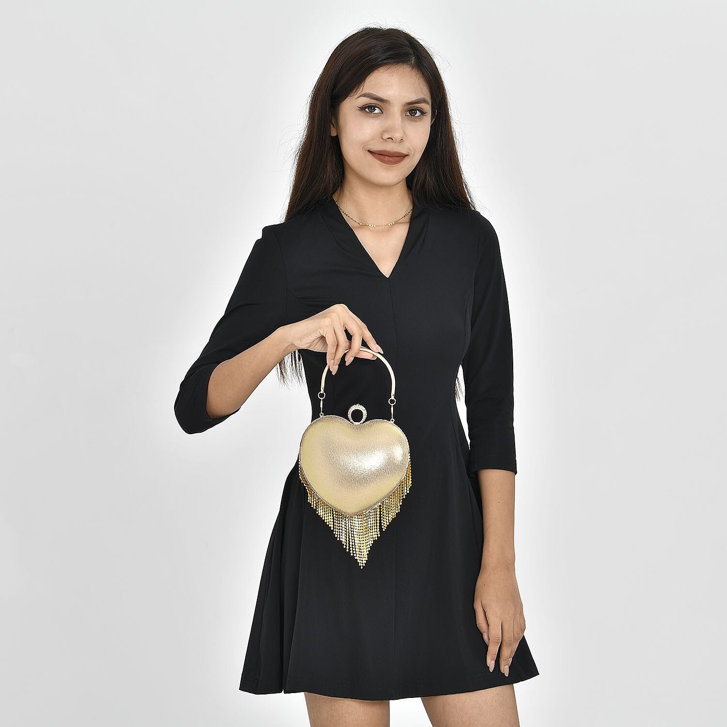 Sheeny Heart Shape Tassel Evening Clutch Bag (Size 15x16 Cm) - Gold