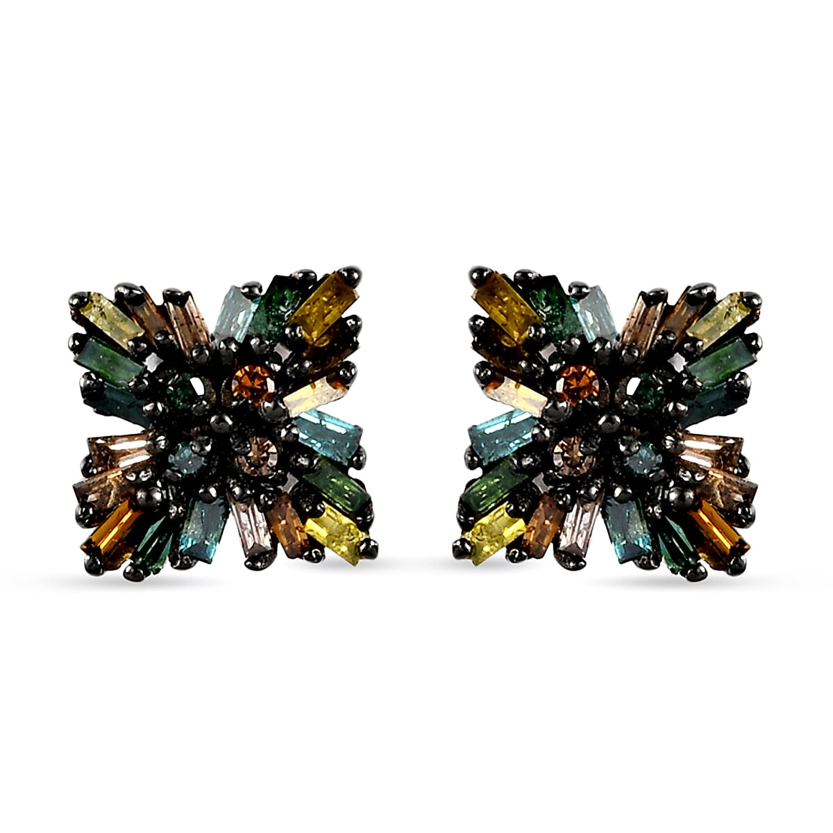 Red and Multi Diamond Stud Star Earrings (with Push Post) in Platinum Overlay Sterling Silver 0.34 Ct.