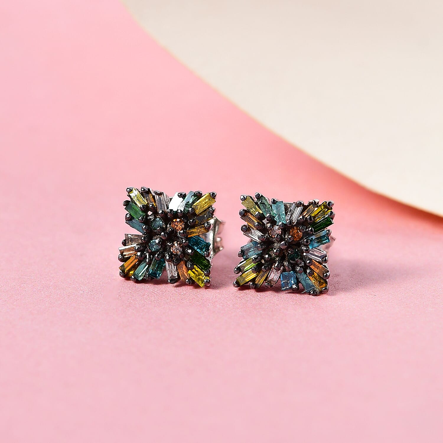 Red and Multi Diamond Stud Star Earrings (with Push Post) in Platinum Overlay Sterling Silver 0.34 Ct.