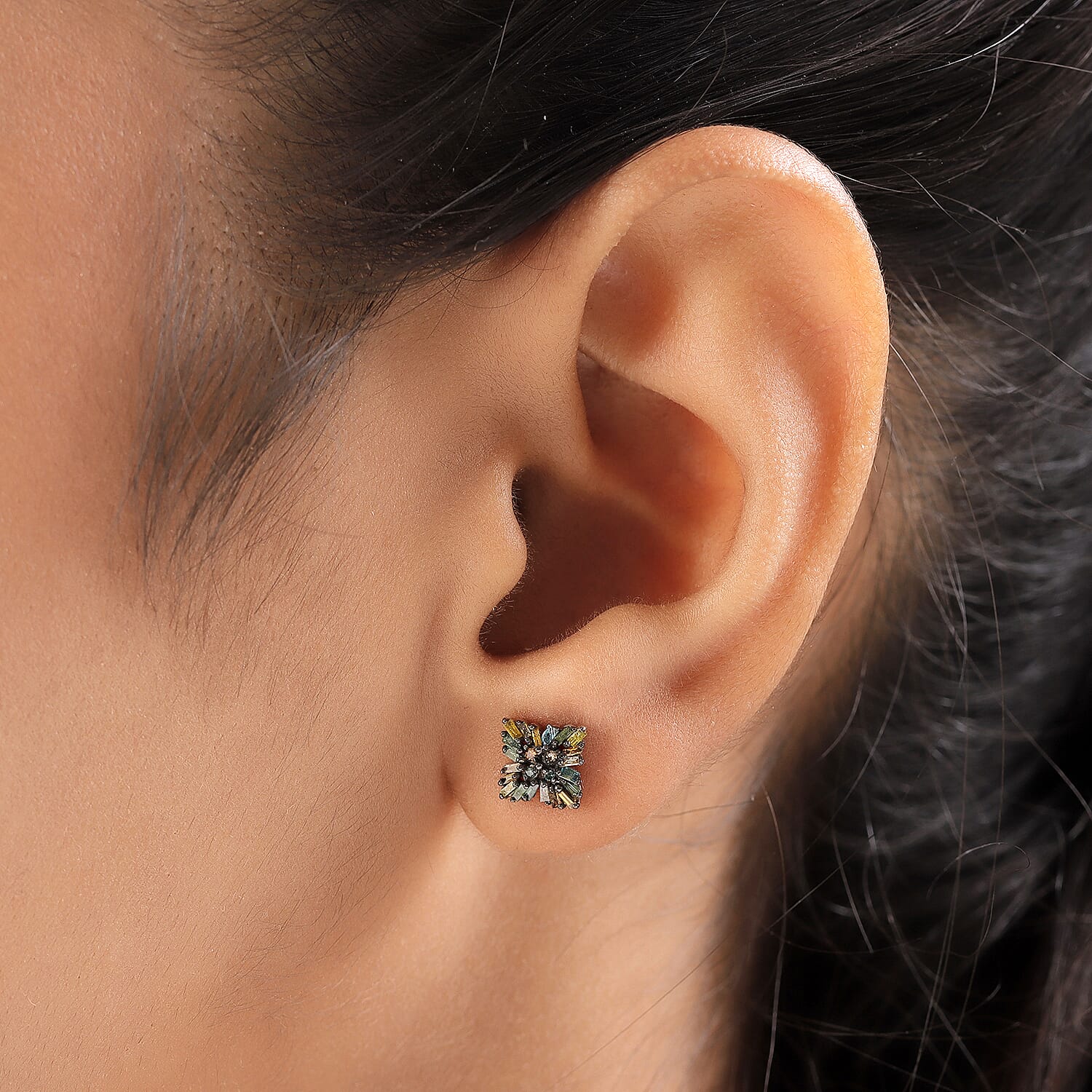 Red and Multi Diamond Stud Star Earrings (with Push Post) in Platinum Overlay Sterling Silver 0.34 Ct.