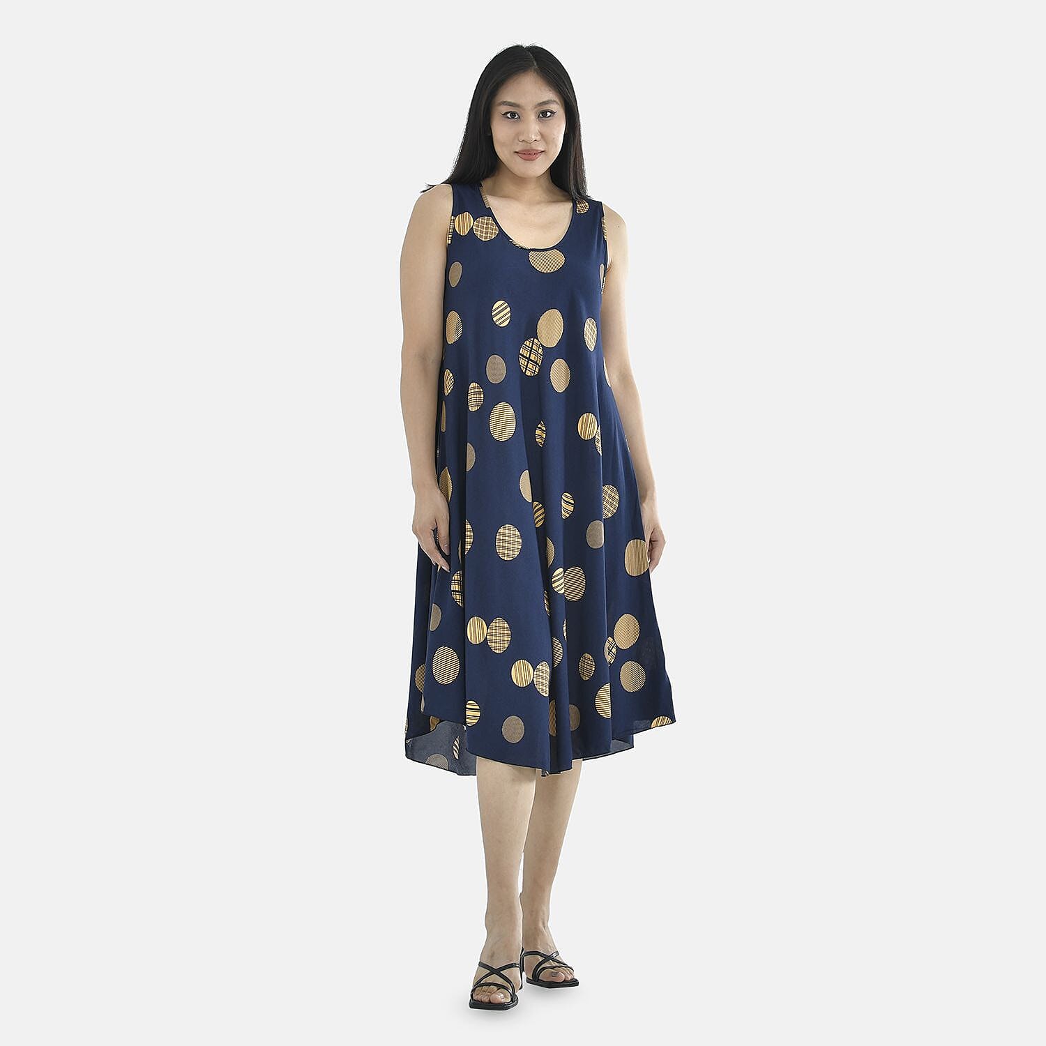 Tamsy 100% Viscose Yellow Circle Pattern Dress (Size 105x60 Cm) - Navy