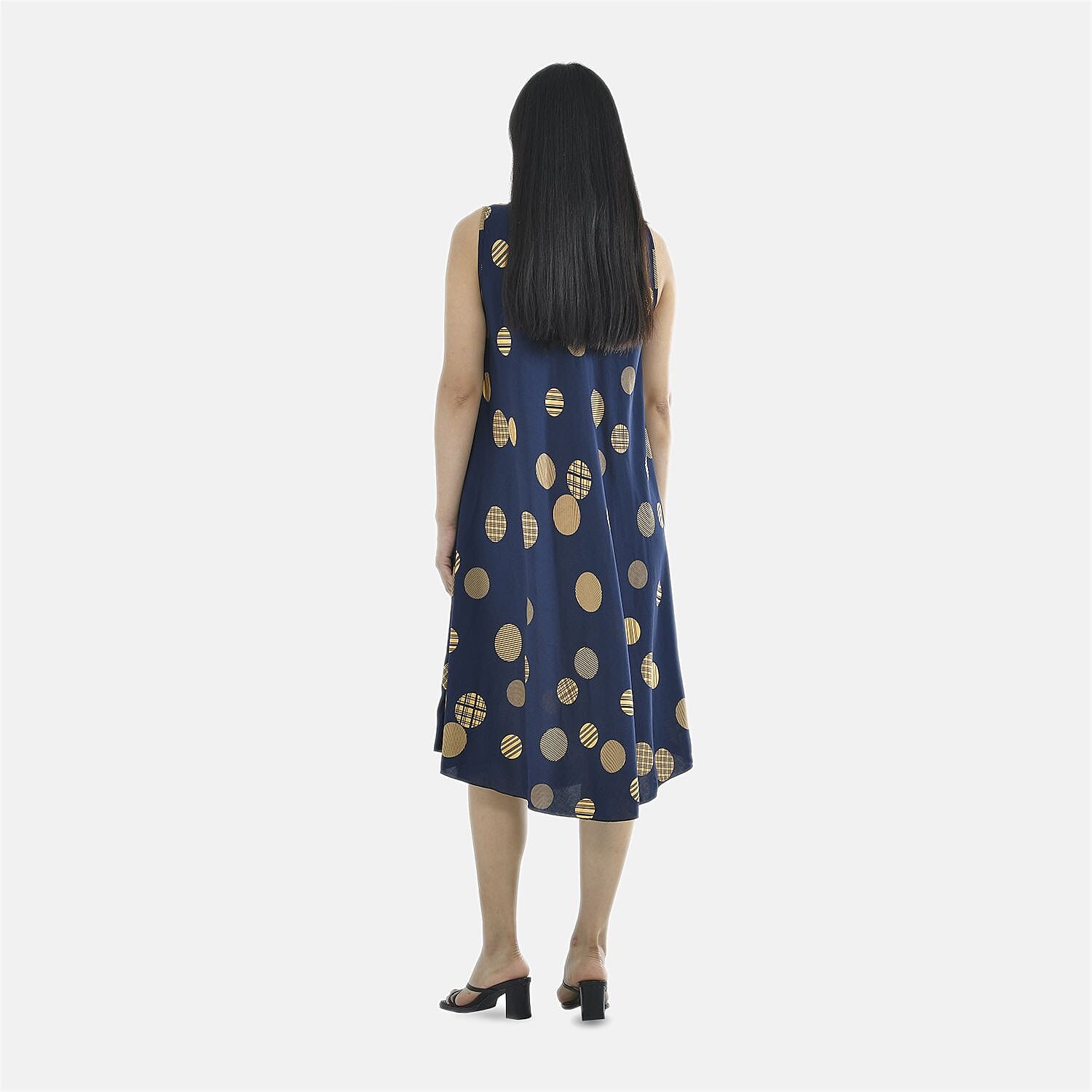 Tamsy 100% Viscose Yellow Circle Pattern Dress (Size 105x60 Cm) - Navy