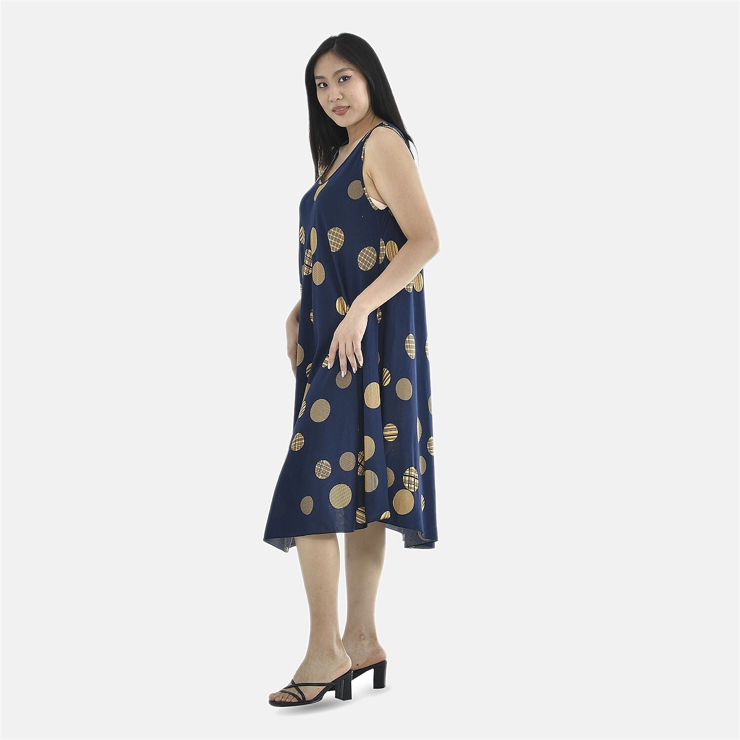 Tamsy 100% Viscose Yellow Circle Pattern Dress (Size 105x60 Cm) - Navy