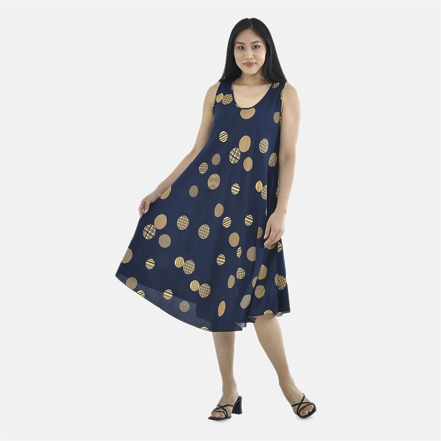 Tamsy 100% Viscose Yellow Circle Pattern Dress (Size 105x60 Cm) - Navy