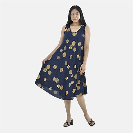 Tamsy 100% Viscose Yellow Circle Pattern Dress (Size 105x60 Cm) - Navy